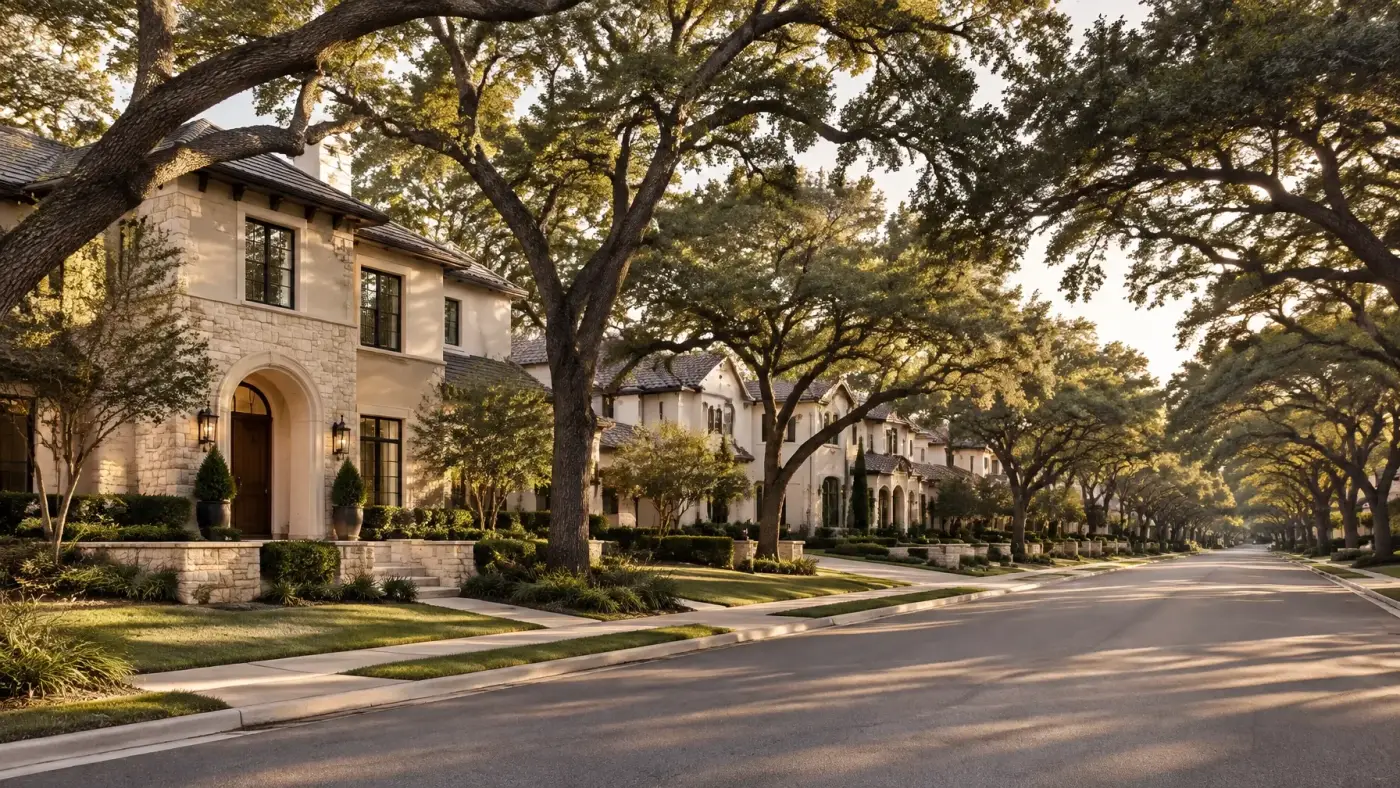 Refined tree-lined San Antonio residential streetscape representing Stone Oak and Alamo Heights