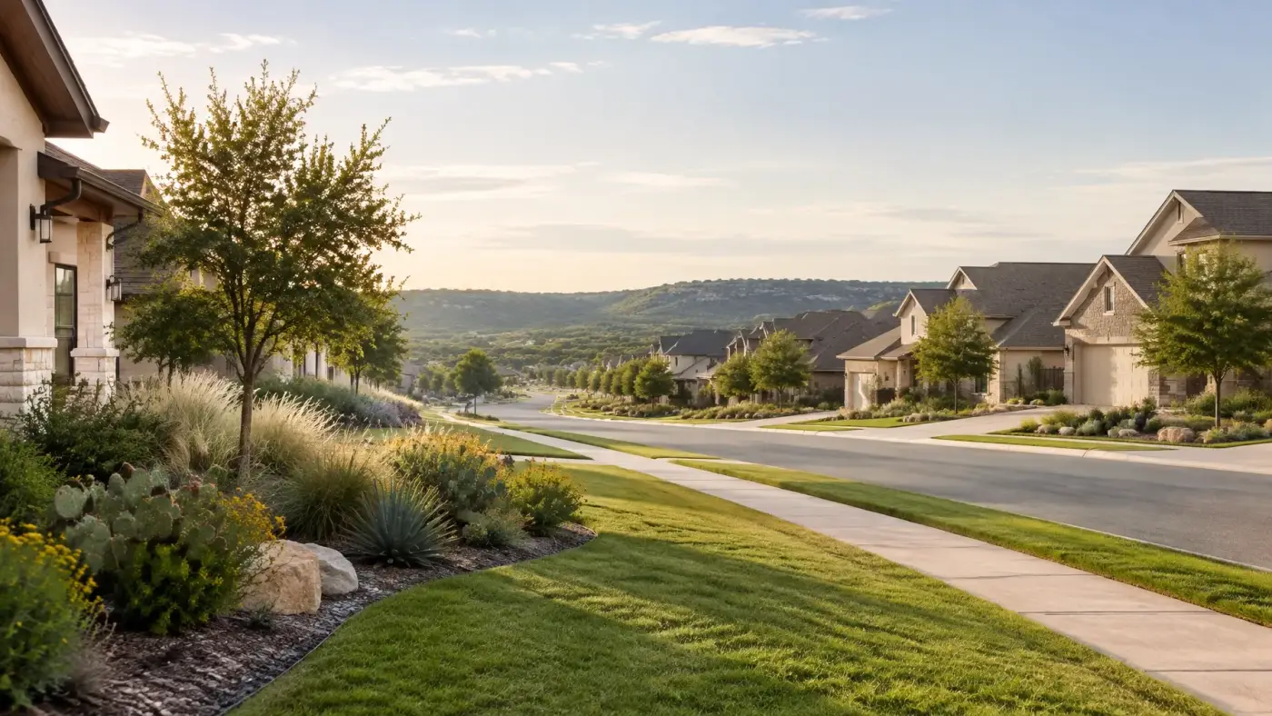 Welcoming suburban homes and native landscaping representing Helotes, Cibolo, and Schertz