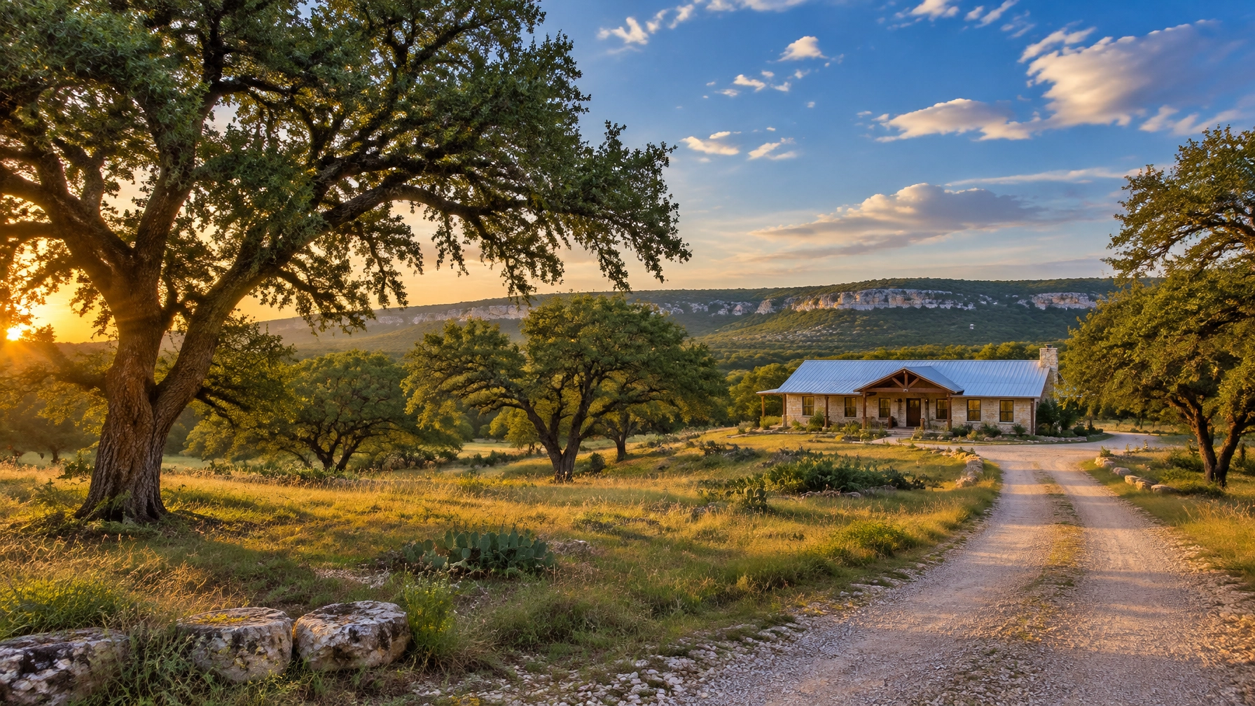 Rolling Hill Country acreage with live oaks, native grasses and a limestone ridge in Helotes, Texas